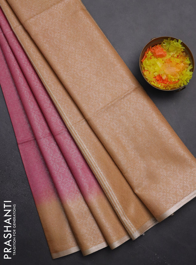 Semi bamboo tissue saree pink and sandal with allover silver zari weaves and zari woven piping border