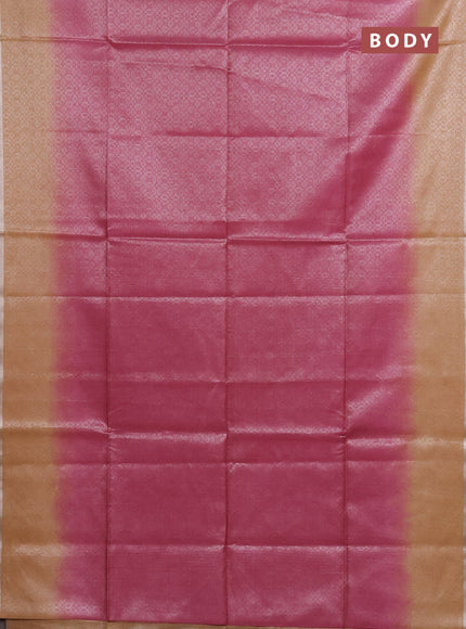Semi bamboo tissue saree pink and sandal with allover silver zari weaves and zari woven piping border