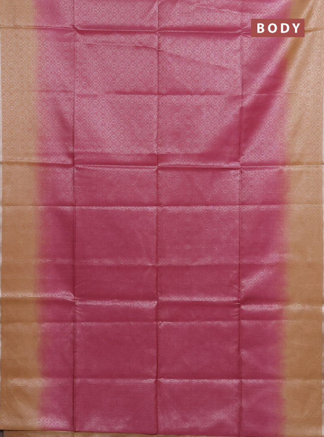 Semi bamboo tissue saree pink and sandal with allover silver zari weaves and zari woven piping border