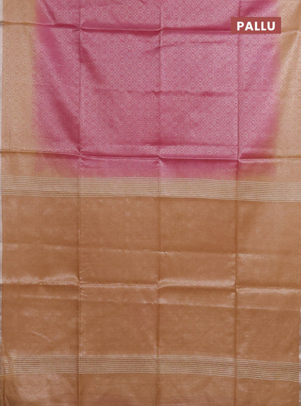 Semi bamboo tissue saree pink and sandal with allover silver zari weaves and zari woven piping border