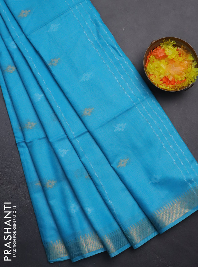 Semi bamboo saree light blue with thread & zari woven buttas and zari woven border