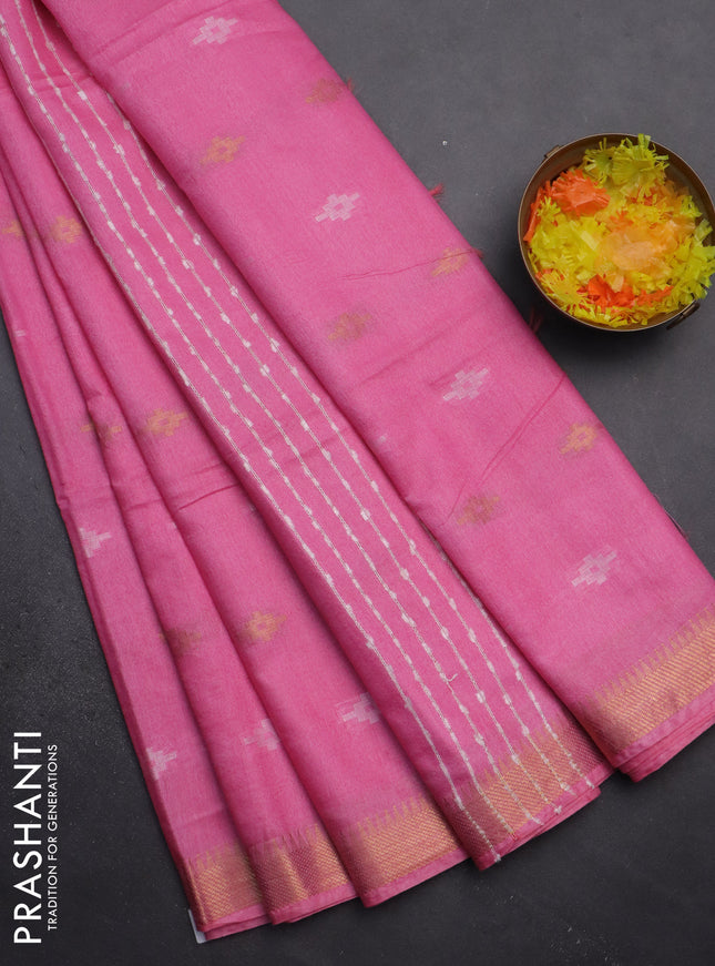 Semi bamboo saree candy pink with thread & zari woven buttas and zari woven border