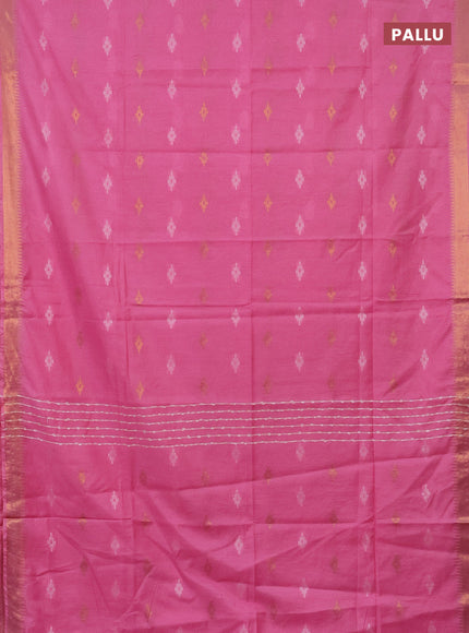 Semi bamboo saree candy pink with thread & zari woven buttas and zari woven border