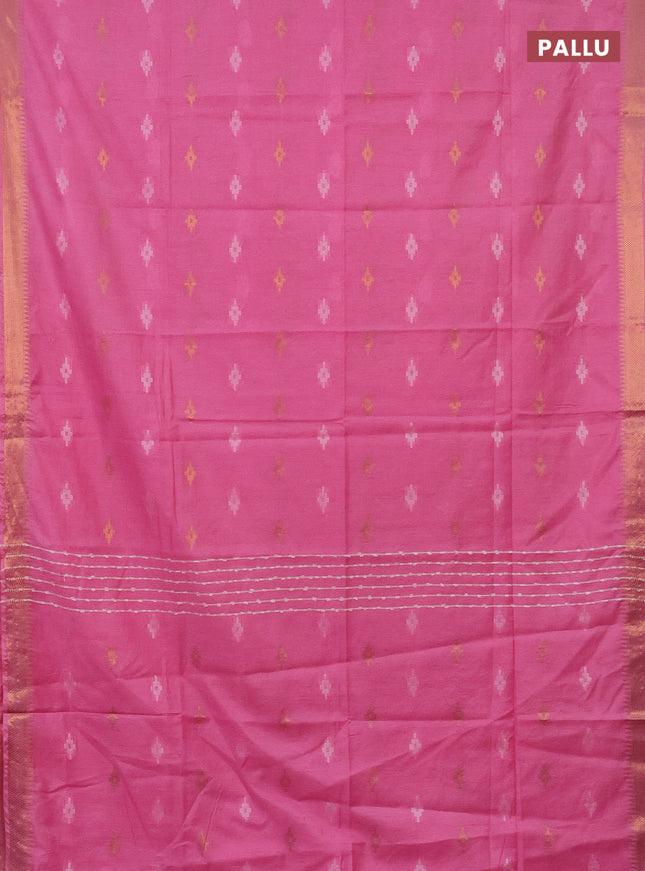 Semi bamboo saree candy pink with thread & zari woven buttas and zari woven border