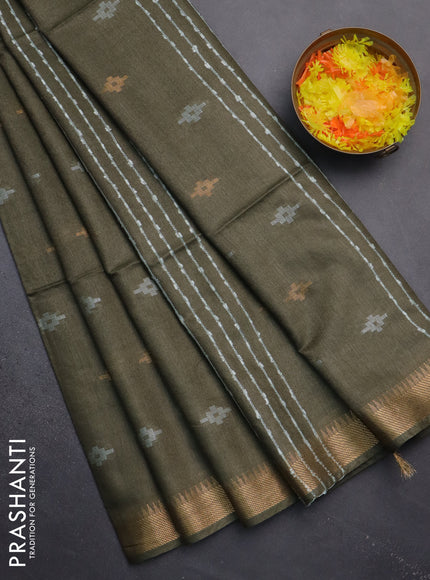 Semi bamboo saree military green with thread & zari woven buttas and zari woven border