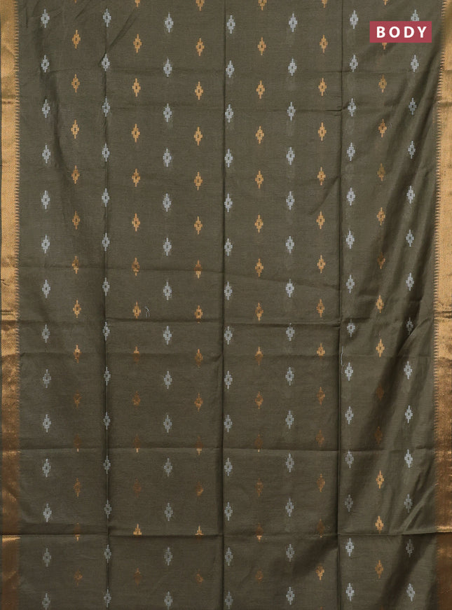 Semi bamboo saree military green with thread & zari woven buttas and zari woven border
