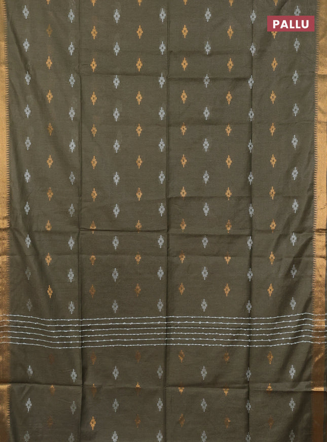 Semi bamboo saree military green with thread & zari woven buttas and zari woven border
