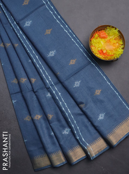 Semi bamboo saree blue shade with thread & zari woven buttas and zari woven border