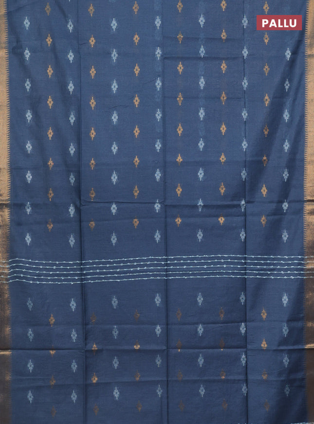 Semi bamboo saree blue shade with thread & zari woven buttas and zari woven border