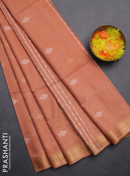 Semi bamboo saree peach orange with thread & zari woven buttas and zari woven border