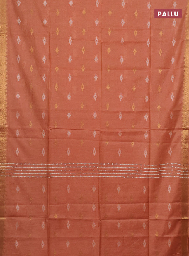 Semi bamboo saree peach orange with thread & zari woven buttas and zari woven border
