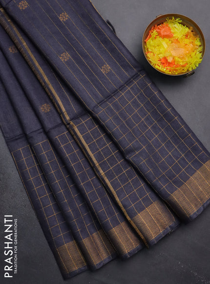 Semi bamboo saree bluish grey with allover zari checked pattern and zari woven border