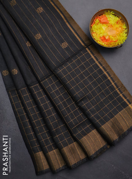 Semi bamboo saree black with allover zari checked pattern and zari woven border