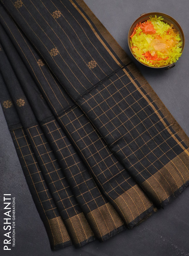 Semi bamboo saree black with allover zari checked pattern and zari woven border