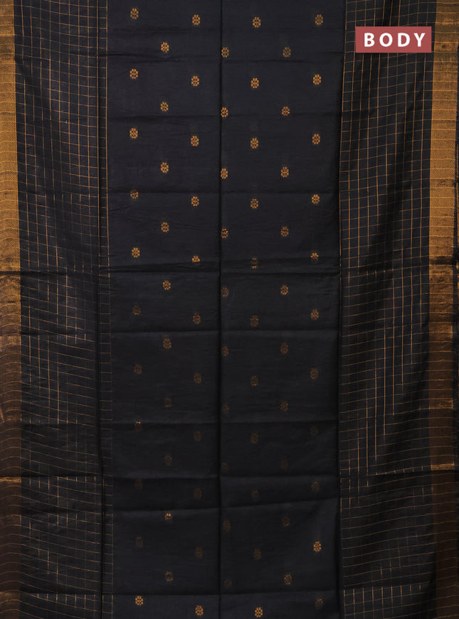 Semi bamboo saree black with allover zari checked pattern and zari woven border