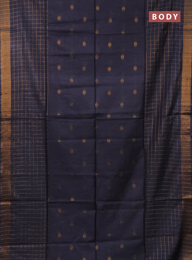 Semi bamboo saree bluish grey with allover zari checked pattern and zari woven border
