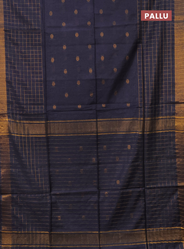 Semi bamboo saree bluish grey with allover zari checked pattern and zari woven border
