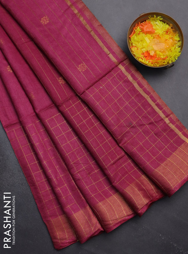 Semi bamboo saree magenta pink with allover zari checked pattern and zari woven border