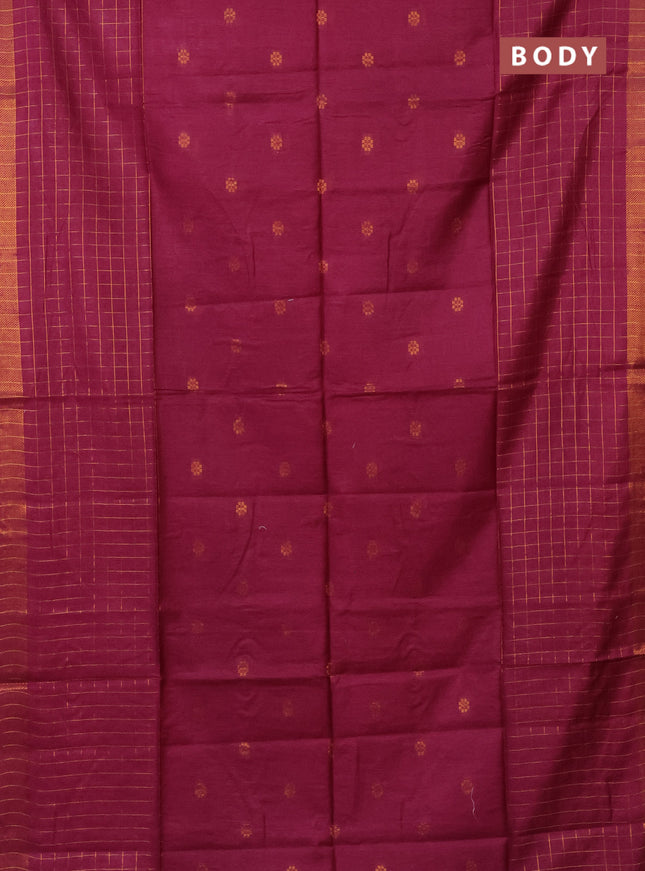 Semi bamboo saree magenta pink with allover zari checked pattern and zari woven border