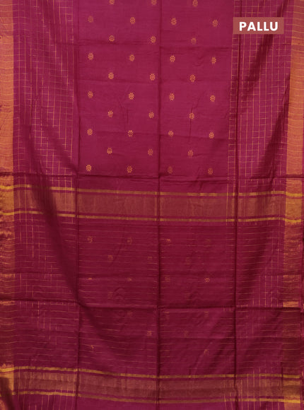 Semi bamboo saree magenta pink with allover zari checked pattern and zari woven border