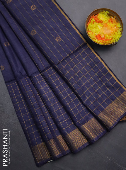 Semi bamboo saree navy blue with allover zari checked pattern and zari woven border