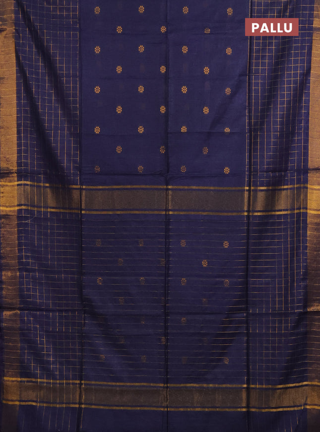 Semi bamboo saree navy blue with allover zari checked pattern and zari woven border