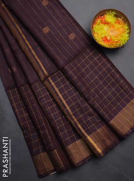 Semi bamboo saree deep wine with allover zari checked pattern and zari woven border