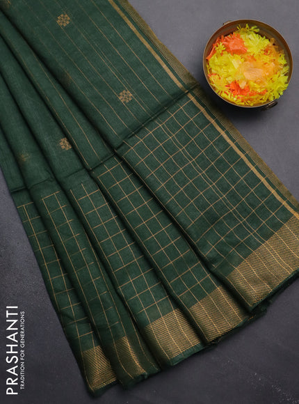 Semi bamboo saree green with allover zari checked pattern and zari woven border