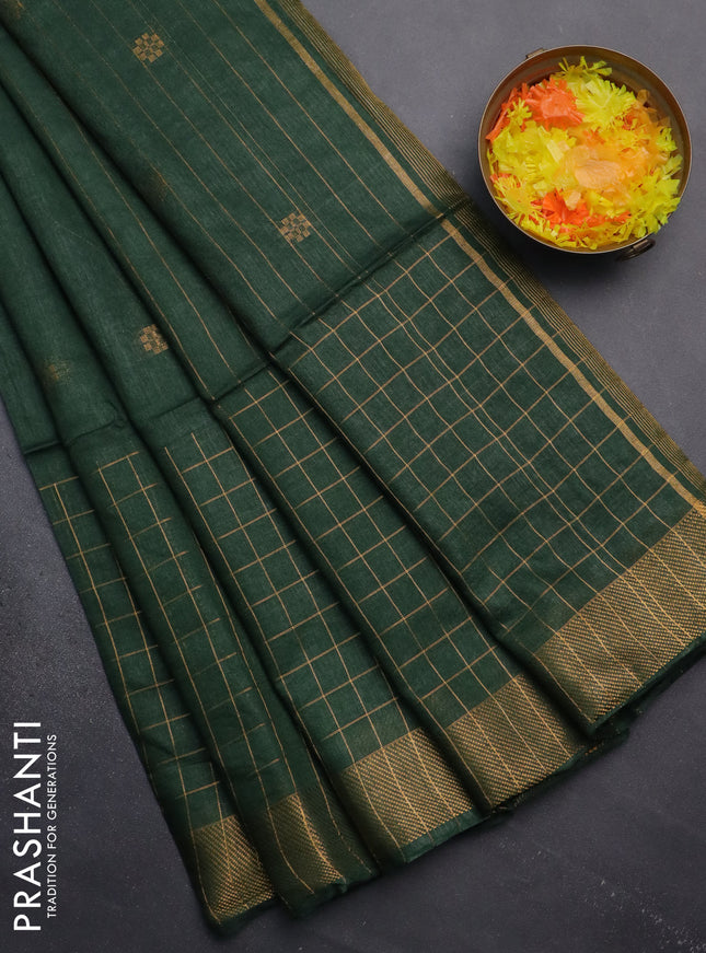 Semi bamboo saree green with allover zari checked pattern and zari woven border