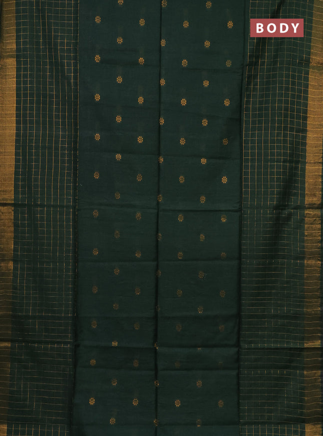 Semi bamboo saree green with allover zari checked pattern and zari woven border