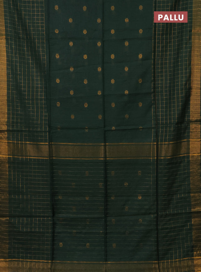 Semi bamboo saree green with allover zari checked pattern and zari woven border