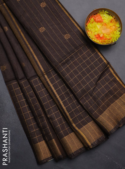 Semi bamboo saree brown with allover zari checked pattern and zari woven border