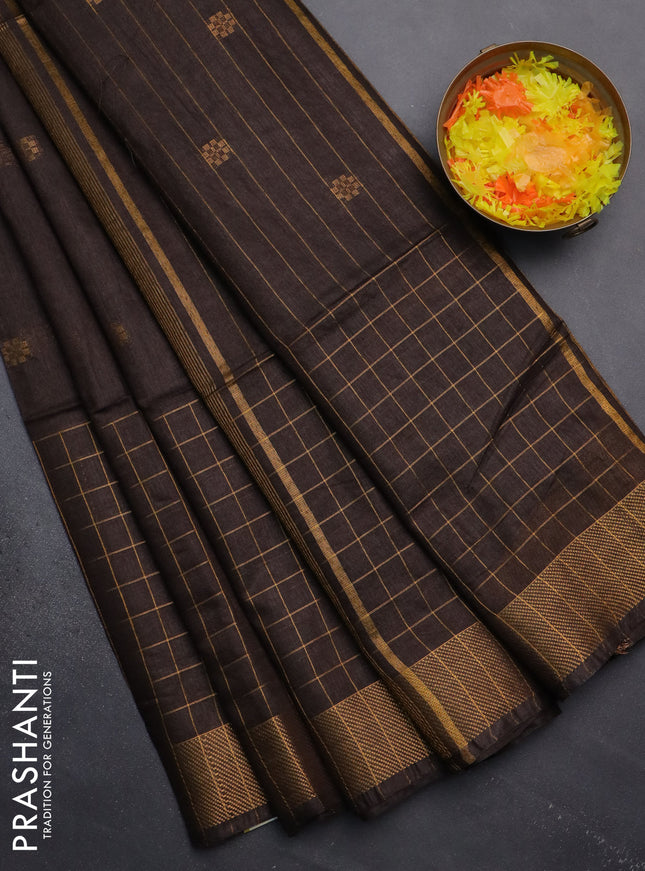 Semi bamboo saree brown with allover zari checked pattern and zari woven border