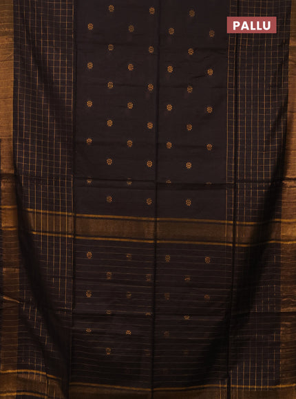 Semi bamboo saree brown with allover zari checked pattern and zari woven border