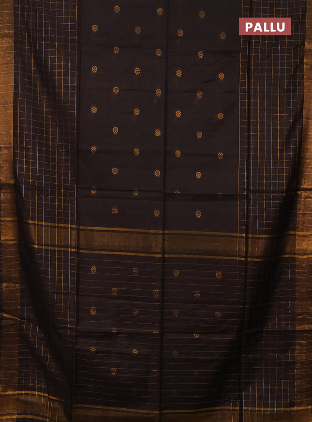 Semi bamboo saree brown with allover zari checked pattern and zari woven border