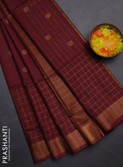 Semi bamboo saree deep maroon with allover zari checked pattern and zari woven border
