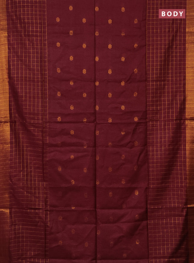 Semi bamboo saree deep maroon with allover zari checked pattern and zari woven border