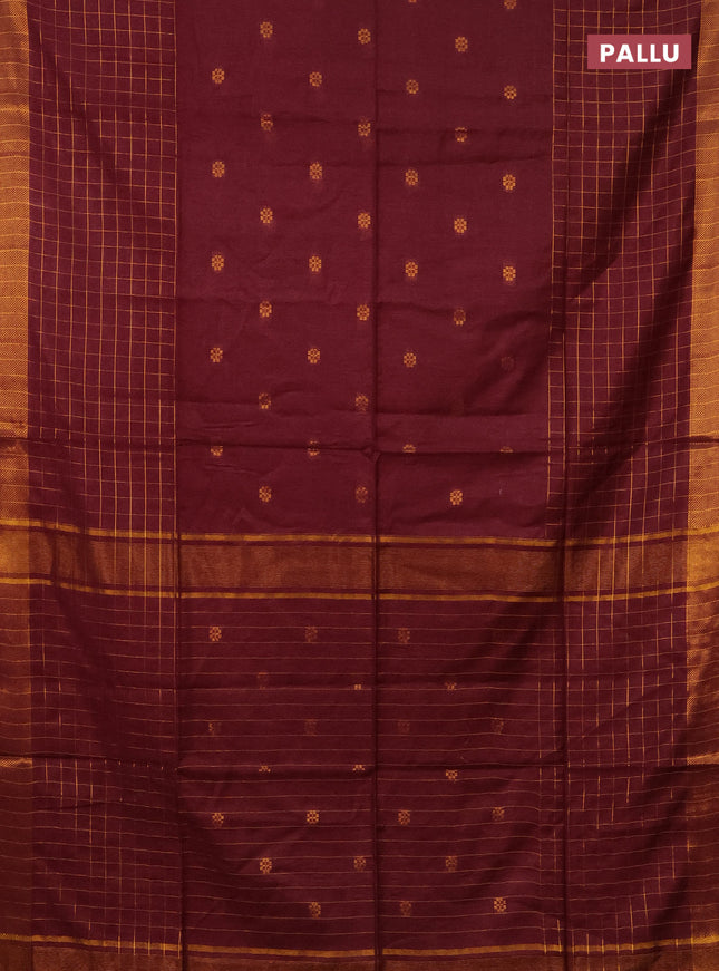 Semi bamboo saree deep maroon with allover zari checked pattern and zari woven border