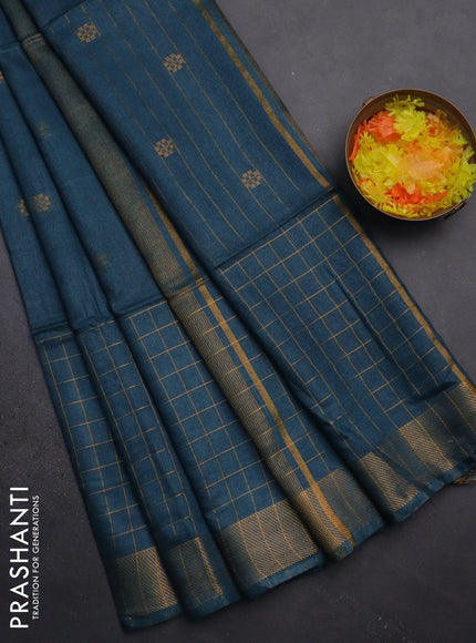 Semi bamboo saree peacock blue with allover zari checked pattern and zari woven border