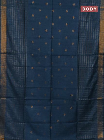 Semi bamboo saree peacock blue with allover zari checked pattern and zari woven border