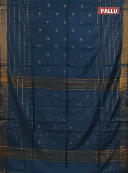 Semi bamboo saree peacock blue with allover zari checked pattern and zari woven border