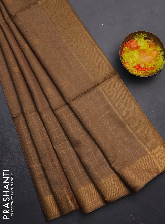 Semi bamboo saree dark sandal with allover zari checked pattern and zari woven border