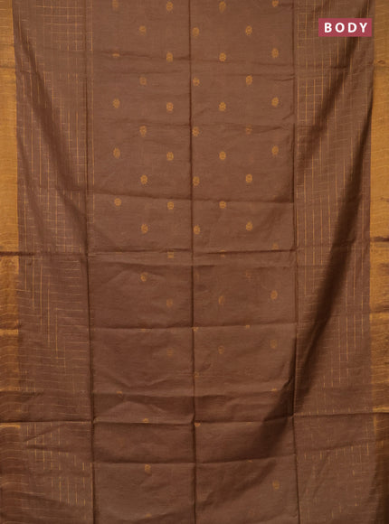 Semi bamboo saree dark sandal with allover zari checked pattern and zari woven border