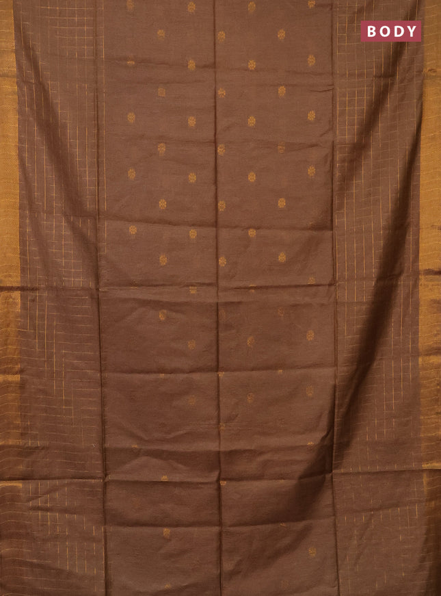 Semi bamboo saree dark sandal with allover zari checked pattern and zari woven border