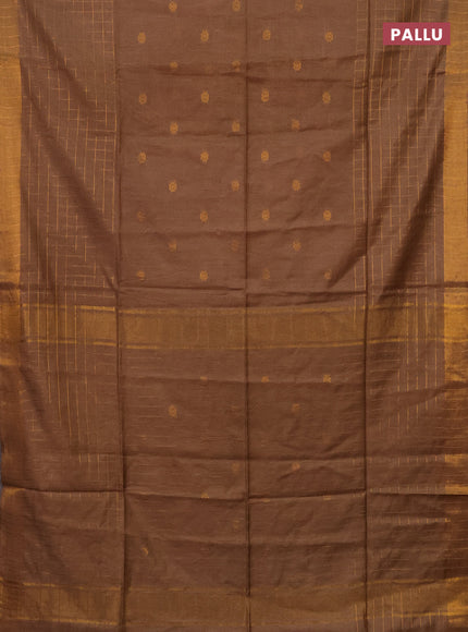 Semi bamboo saree dark sandal with allover zari checked pattern and zari woven border