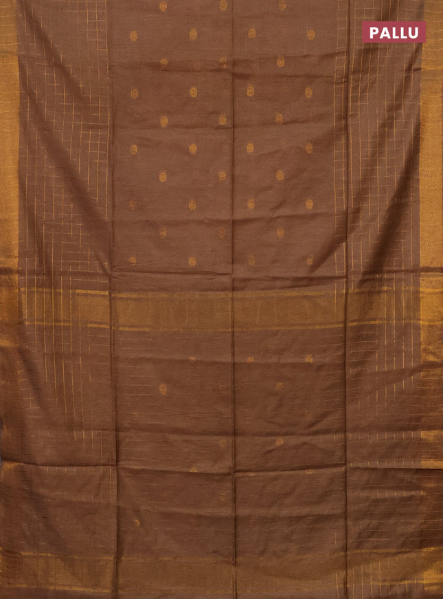 Semi bamboo saree dark sandal with allover zari checked pattern and zari woven border