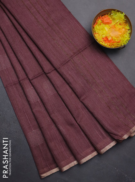 Semi bamboo saree wine shade with woven buttas and zari woven piping border