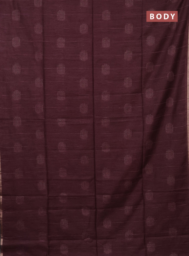 Semi bamboo saree wine shade with woven buttas and zari woven piping border