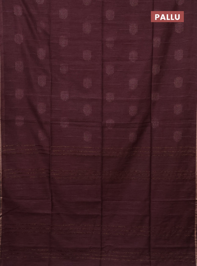 Semi bamboo saree wine shade with woven buttas and zari woven piping border