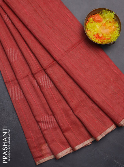 Semi bamboo saree red with woven buttas and zari woven piping border